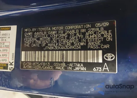 2010 Toyota Camry Le V6 z USA, uszkodzony, nr VIN JTNBK3EK4A3049034